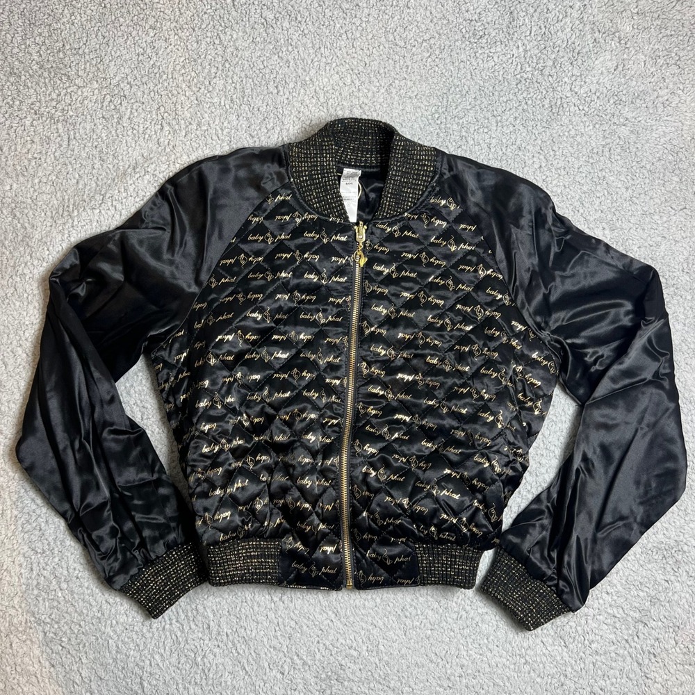 Baby Phat Black Gold Quilted Bomber Jacket Cat Logo Reversible Women's‎ S NWT